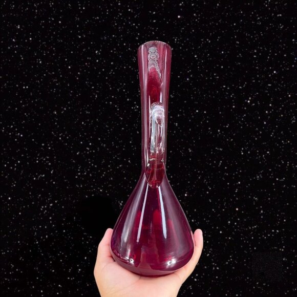 Hand Blown Art Glass Vase Ruby Red Clear Handle Hand Made Vintage Glass Jug - Picture 3 of 15